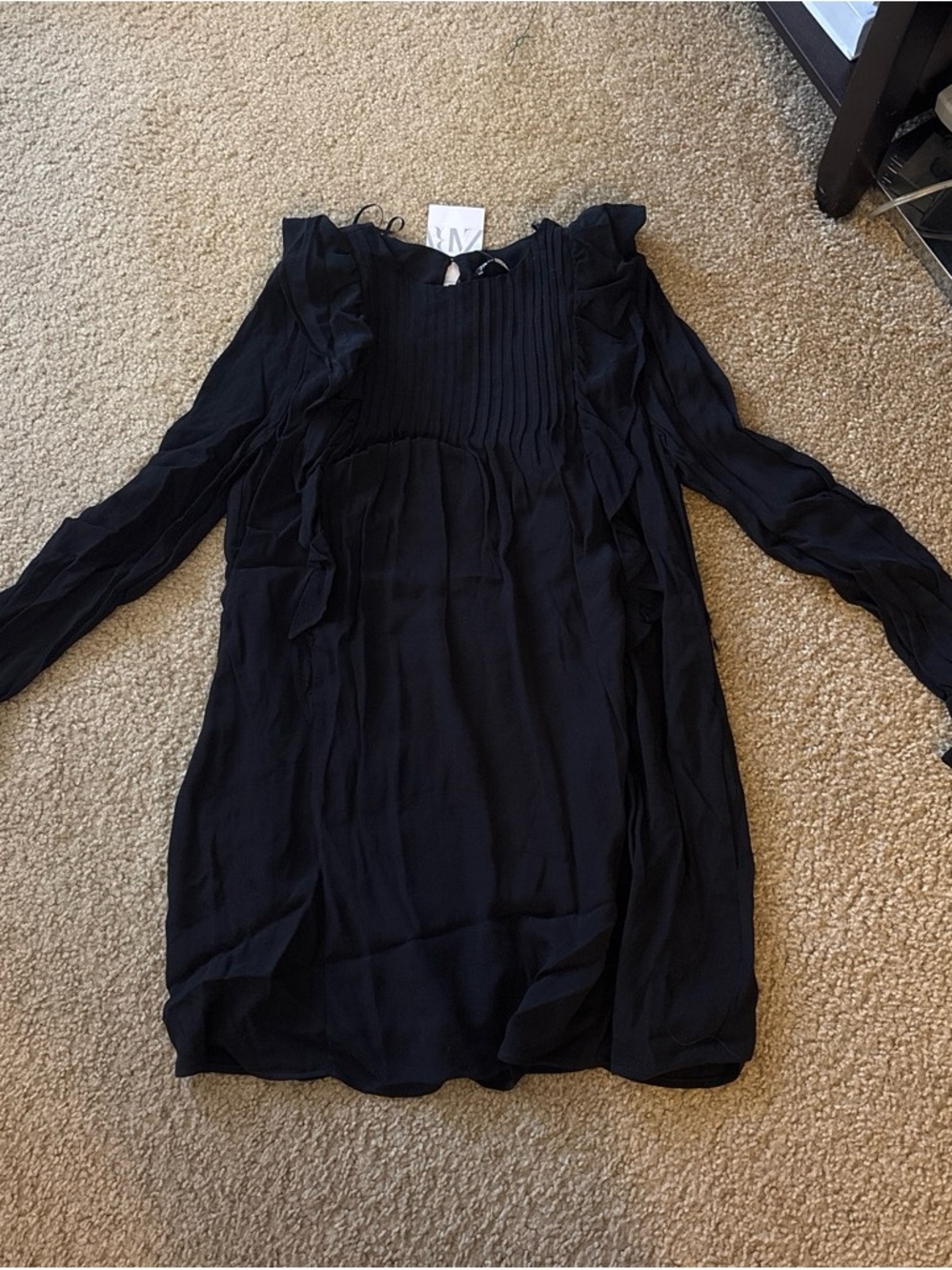 Zara Black Long-Sleeve Ruffle Shift Dress